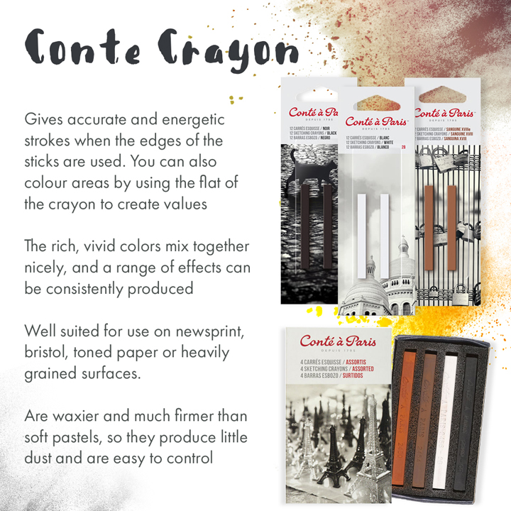 Conte Crayon Conte Crayon, 4 pack, Black, White, Sanguine, Bristol